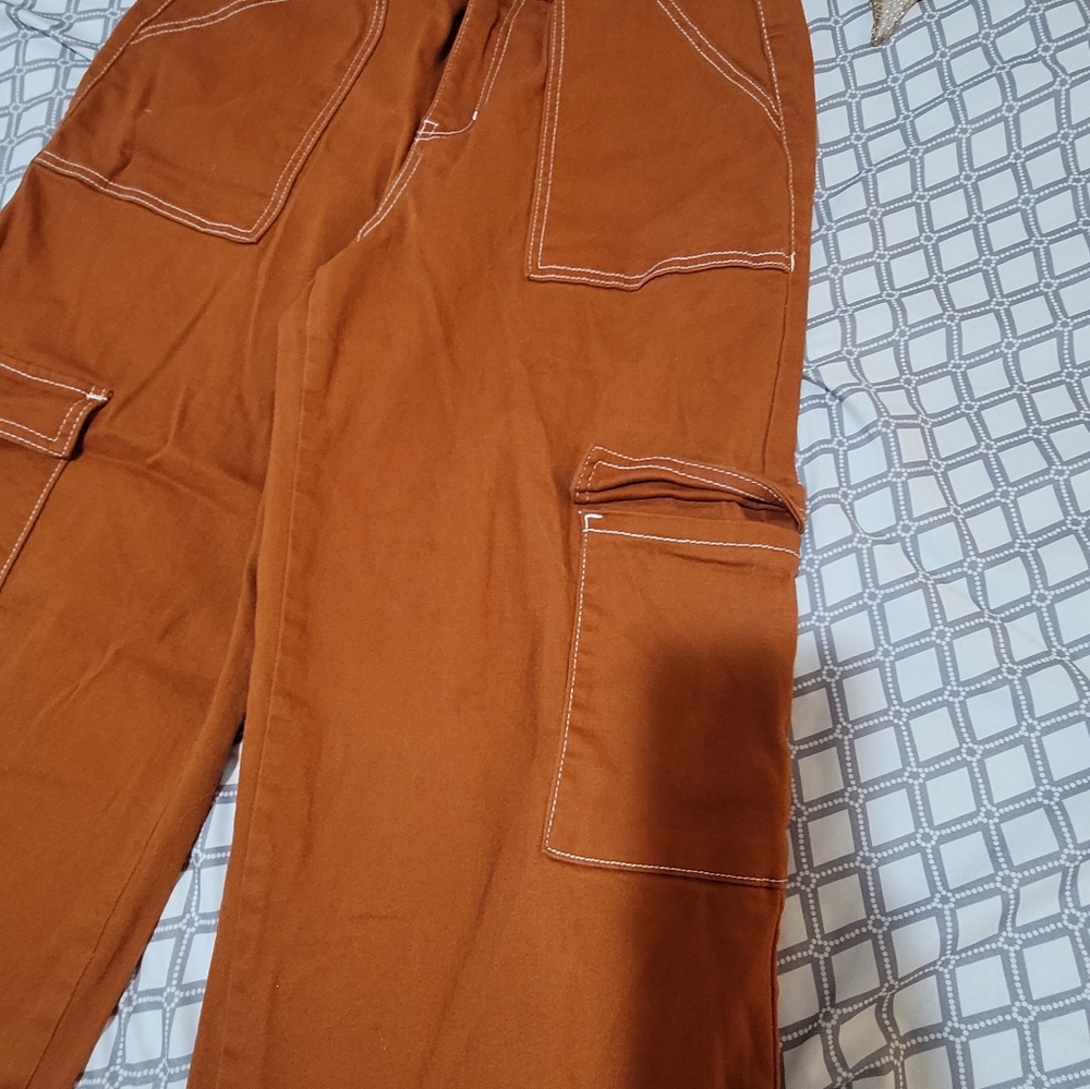 FOREVER 21 size LG burnt Denim pants ๐ oversized pockets, elastic button zip. - Picture 4 of 17